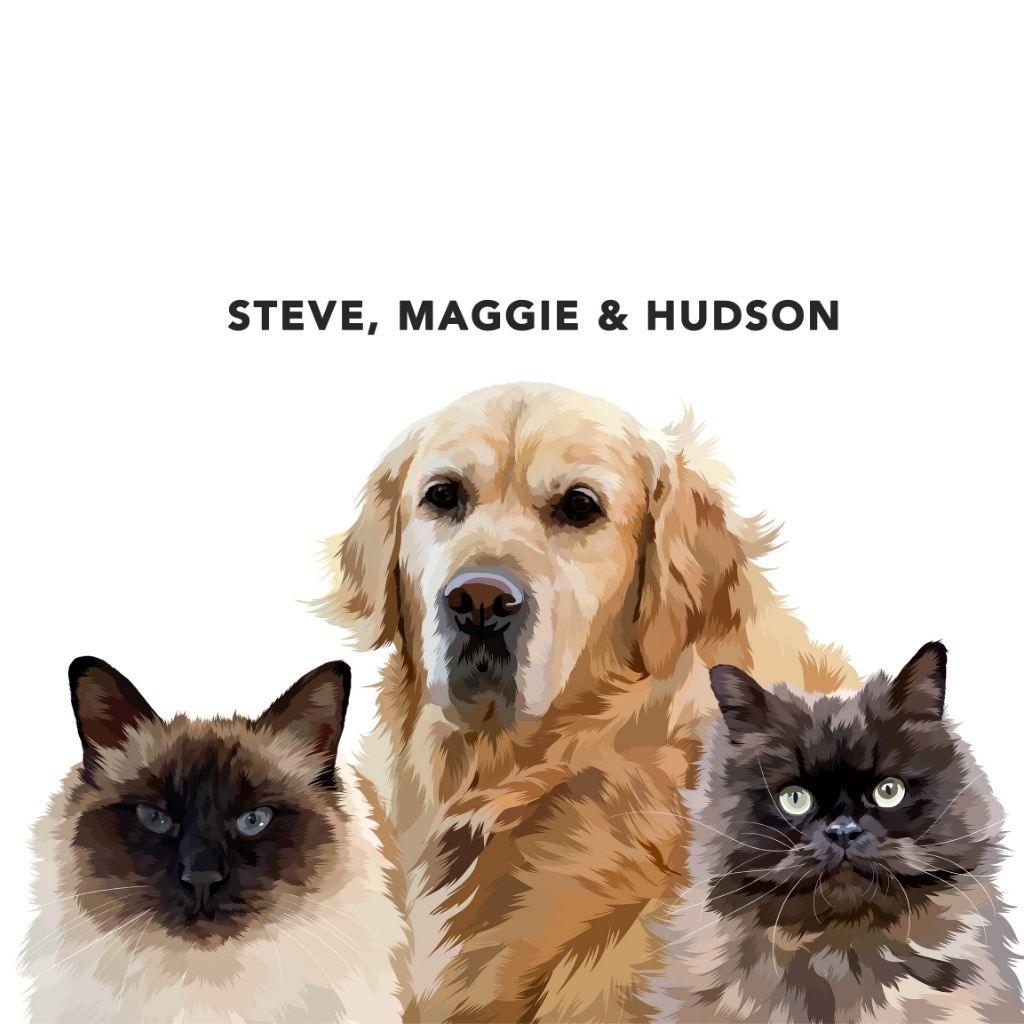 Contemporary pet portrait printed and framed on wall — custom personalised digital art gift