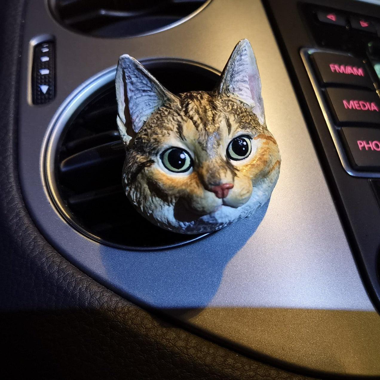Personalised cat photo car vent clip freshener in use — handmade gift for cat owners
